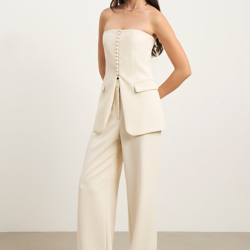 Because Of Alice Cream Strapless Peplum Bodice Top